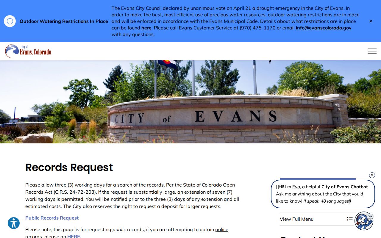 Evans residents directory view of Evans public records request route