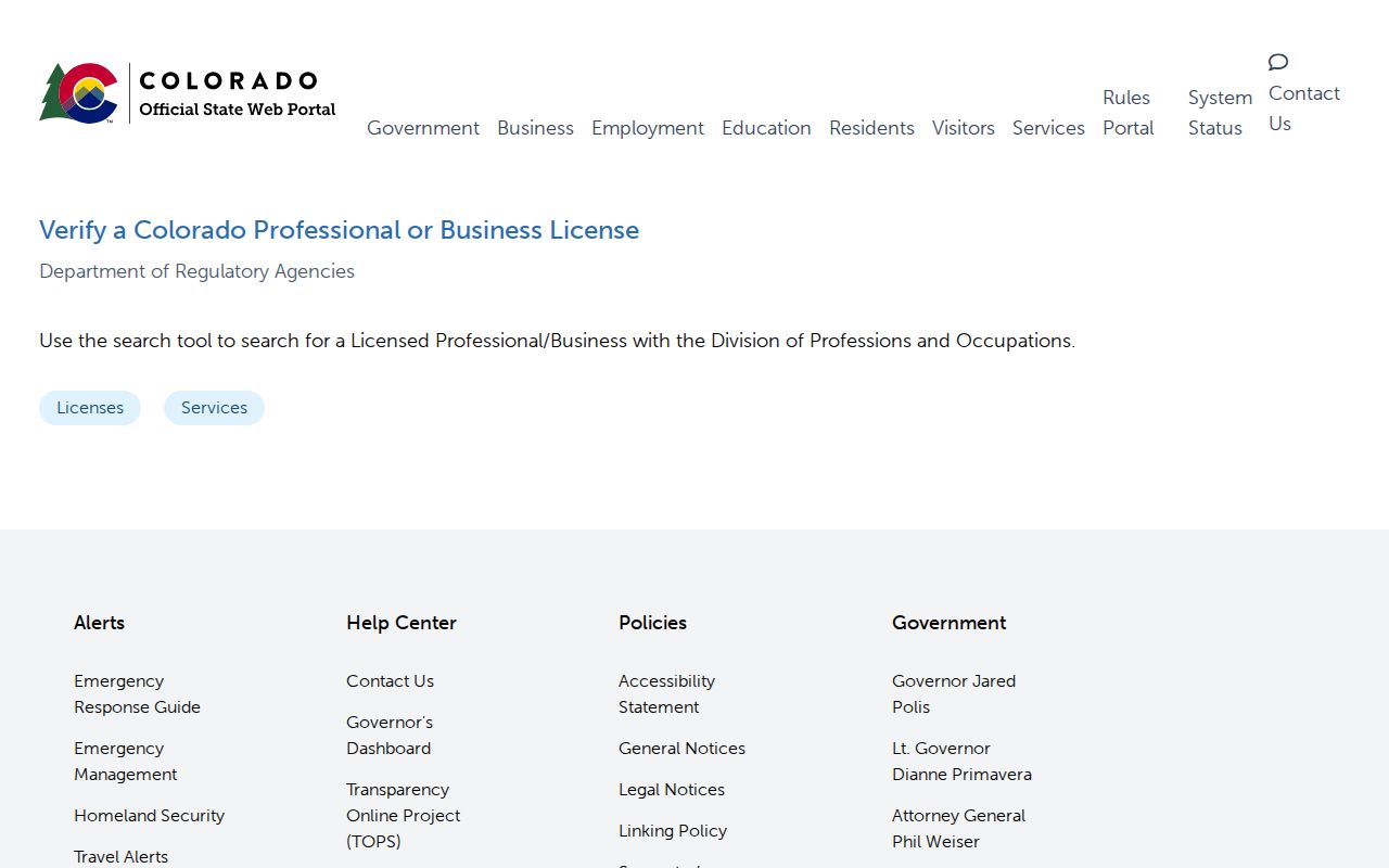 Evans resident lookup view of Colorado professional license verification